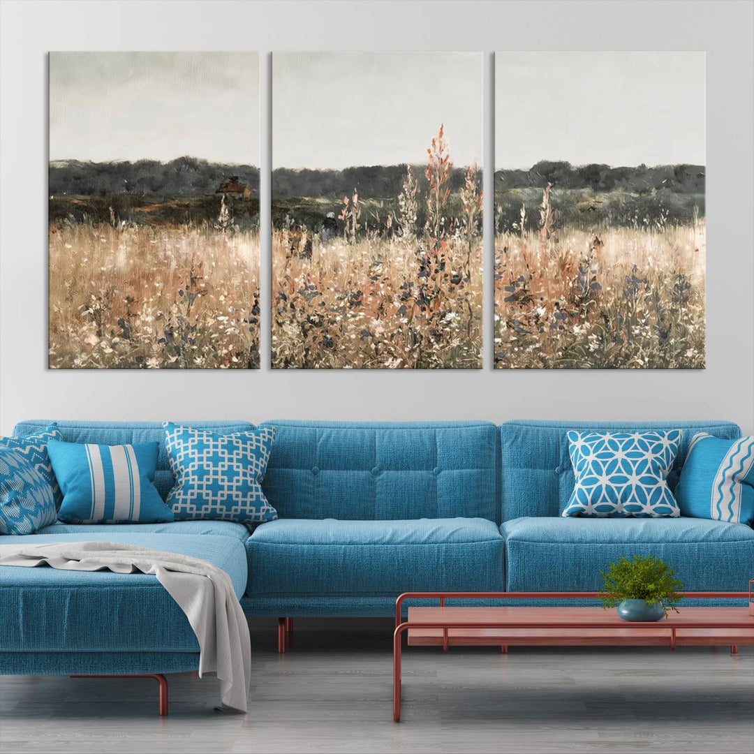 Abstract Wildflower Field Landscape Oil Painting Print, Country Field Wall Art - Framed Ready to Hang