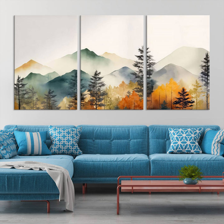 The Abstract Watercolor Mountains and Trees Autumn Wall Art, crafted on museum-quality canvas, decorates the space with its stunning triptych design. This wall art features autumn-colored mountains and trees, expertly gallery wrapped for a seamless and elegant addition to your living room.