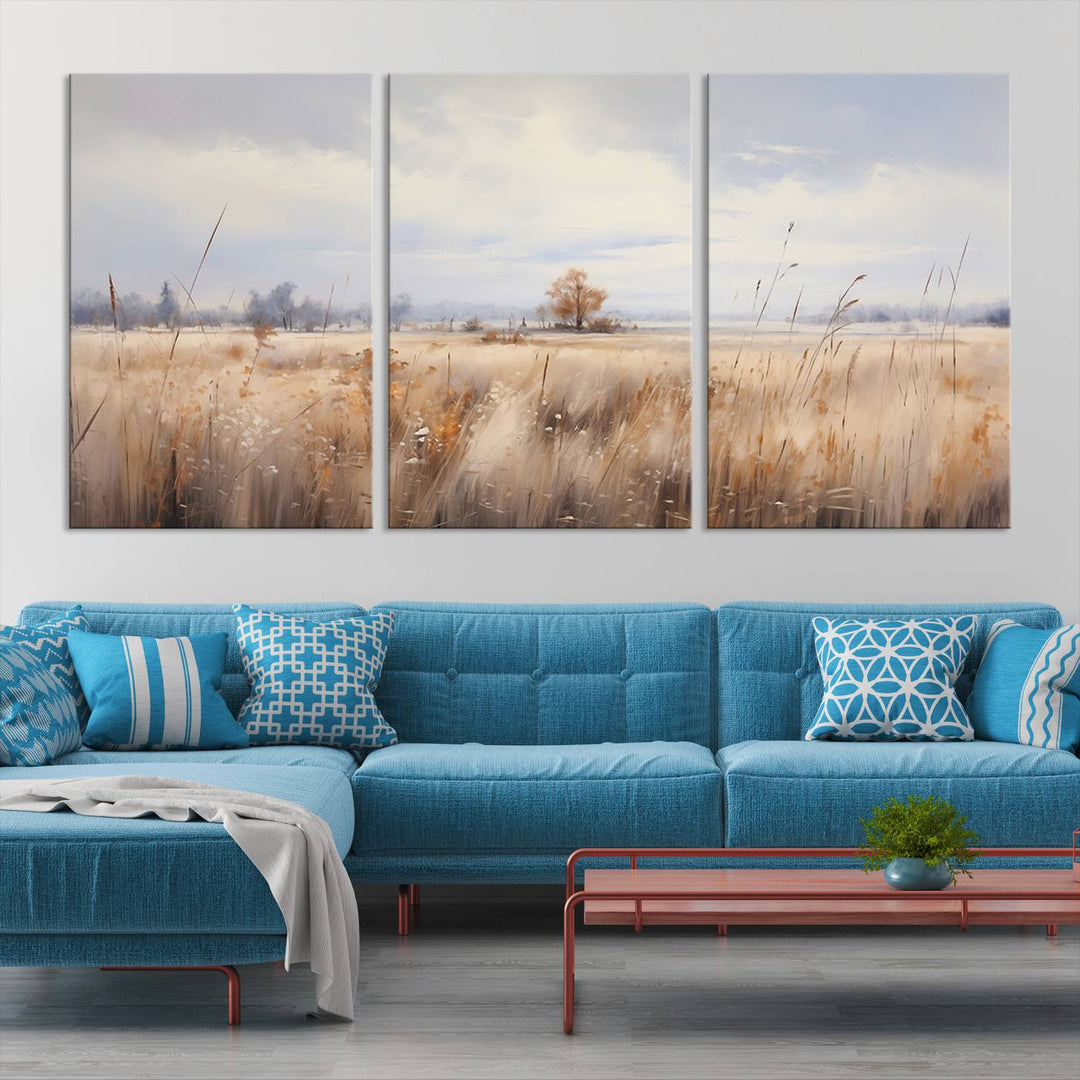 The modern living room features the Golden Fields Canvas Wall Art Print – Serene Landscape of Nature’s Tranquility in Minimalist for Farmhouse Decor, showcasing serene golden fields that enhance the calming ambiance.