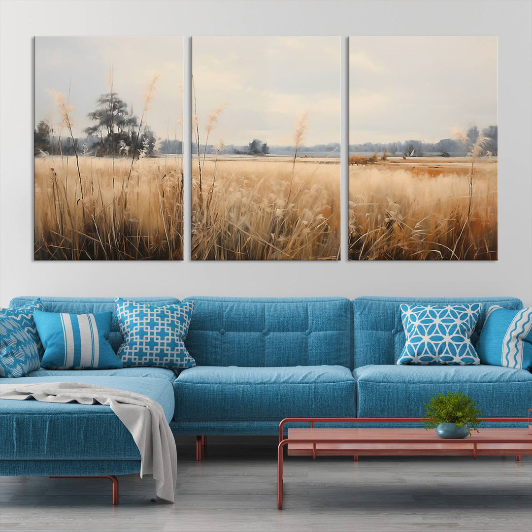 A Wildflower Field Landscape Oil Painting, showcasing a vintage art print of a serene field with tall grasses and distant trees, is beautifully presented on museum-quality canvases with gallery-wrapped edges.