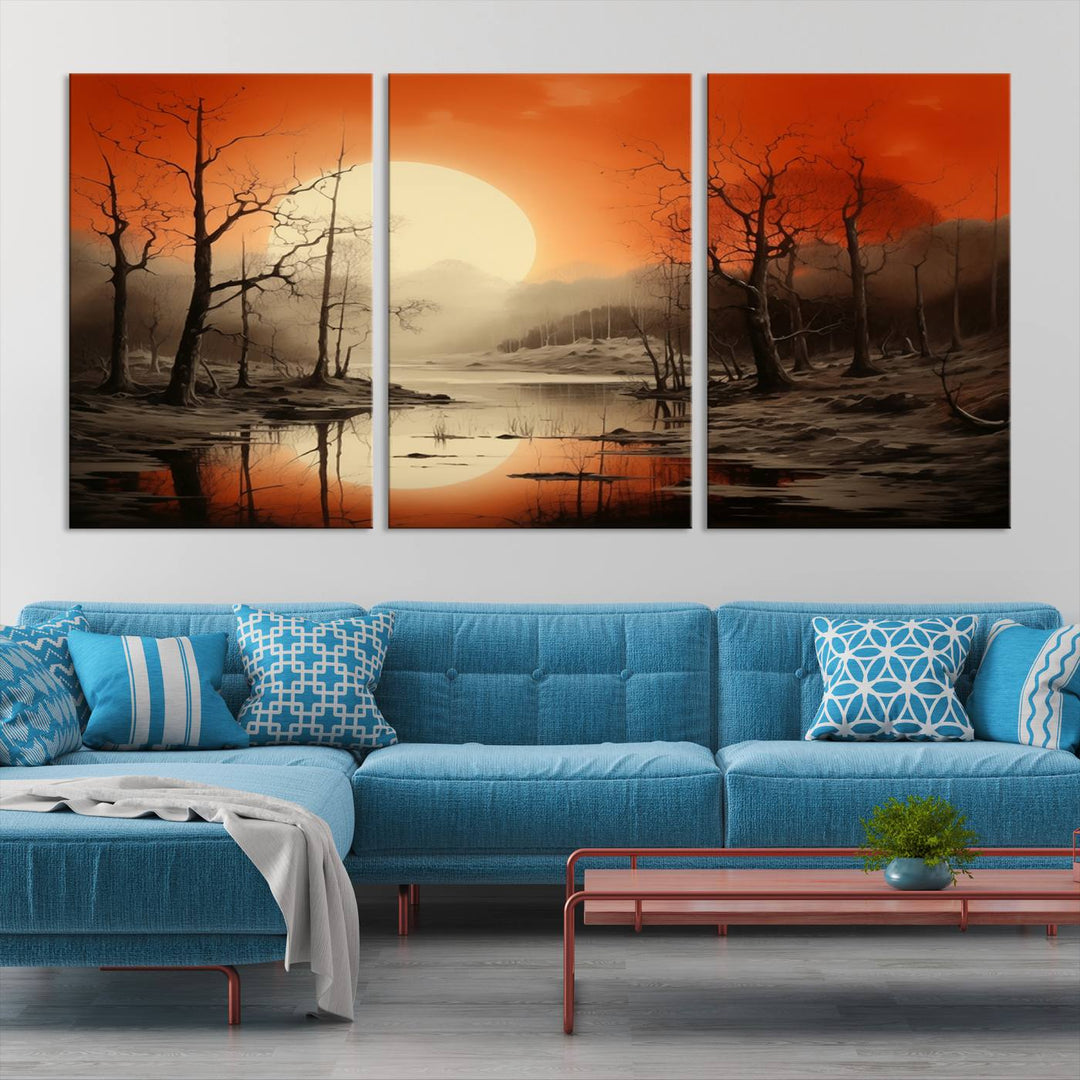 The "Abstract Watercolor Trees and Sunset on Lake Wall Art" is a triptych masterpiece, showcasing an orange-hued landscape of barren trees and a large sun. Displayed on museum-quality canvases with UV-protective coating, it creates a striking visual element in any space.