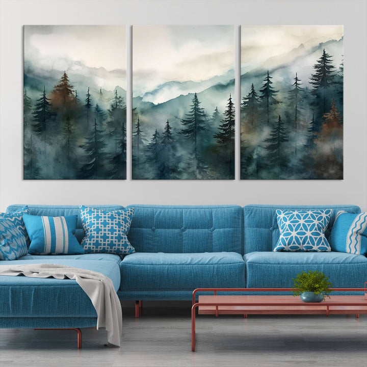 A set of Serenity Forest Wall Art Canvas prints, showcasing foggy mountain landscapes, is displayed in the living room.