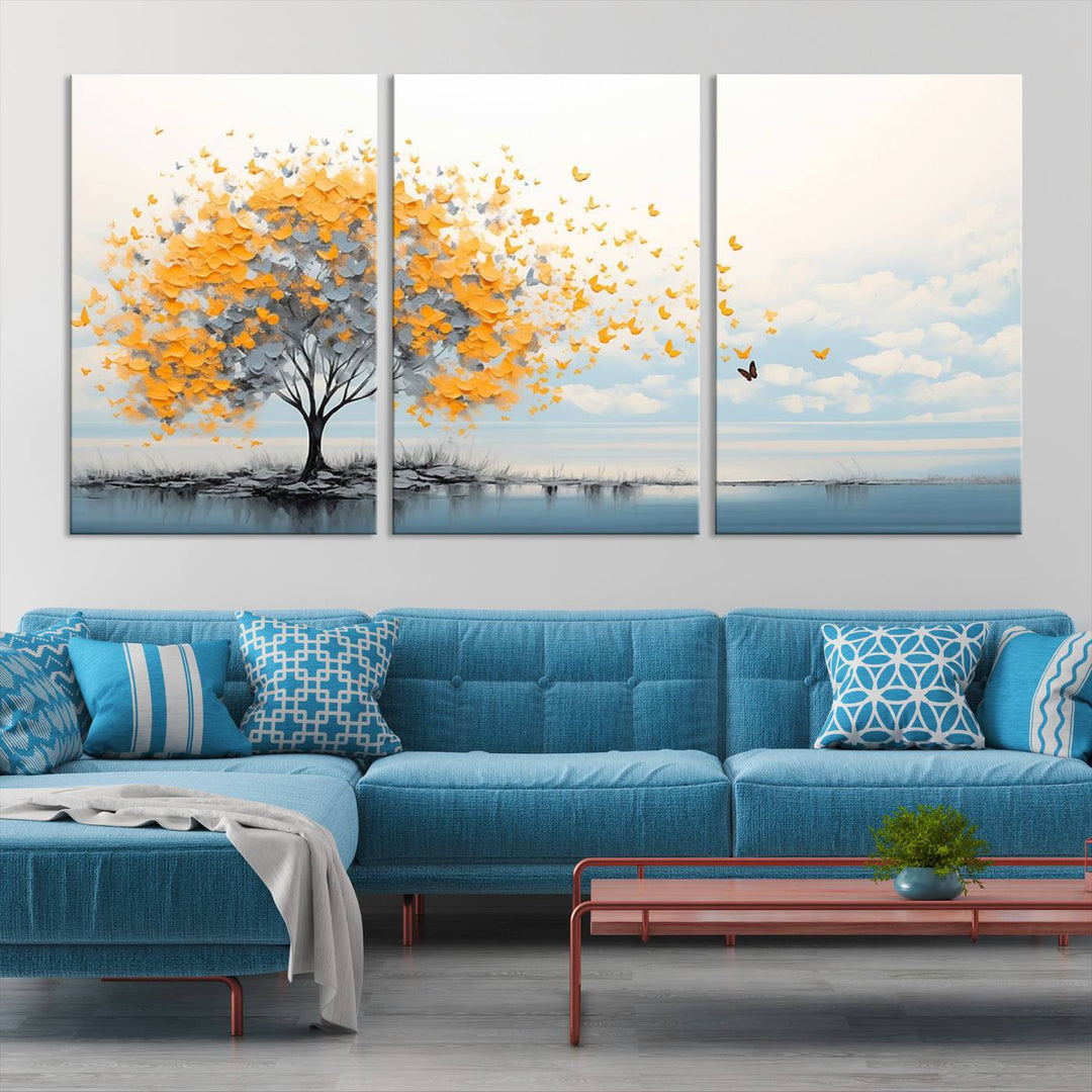 A Butterfly Tree Wall Art Canvas, featuring a modern tree adorned with yellow butterflies, decorates the wall.