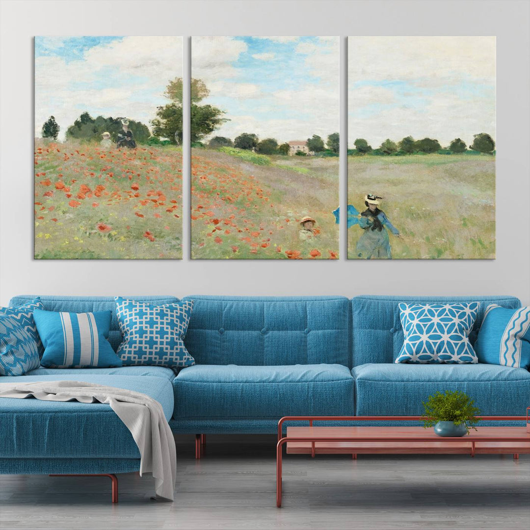 The Claude Monet The Poppy Field Canvas Print features a scene of a serene meadow with blooming flowers and a woman and child. It is printed on museum-quality canvas with UV-protective coating.