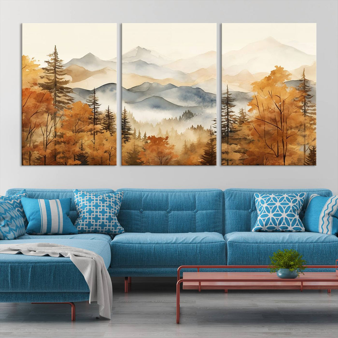 Abstract Mountain Mist Canvas Wall Art – Tranquil Autumn Forest and Misty Peaks - Ready to Hang