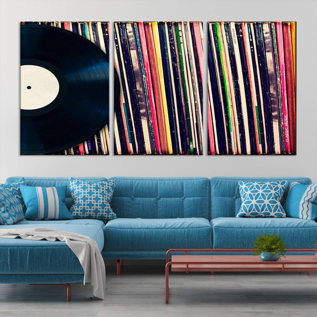 The room showcases the "Vinyl Record and Album Collection Canvas Wall Art," a perfect retro music decor piece for vintage vinyl lovers.