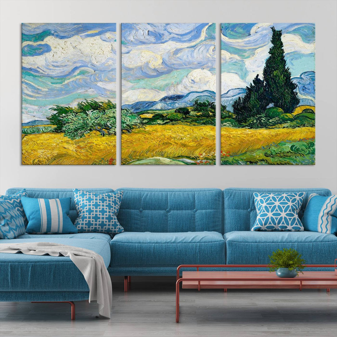 A contemporary living room features a large triptych of "Wheatfield With Cypresses By Van Gogh Painting Wall Art Canvas Print." Crafted on museum-quality canvas, this artwork brings a sense of elegance and craftsmanship reminiscent of professional artistry.