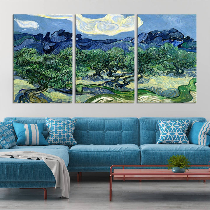 The Olive Trees Van Gogh Wall Art Canvas Print enhances the living room with its vivid landscape on museum-quality canvas, complete with a UV-protective coating.