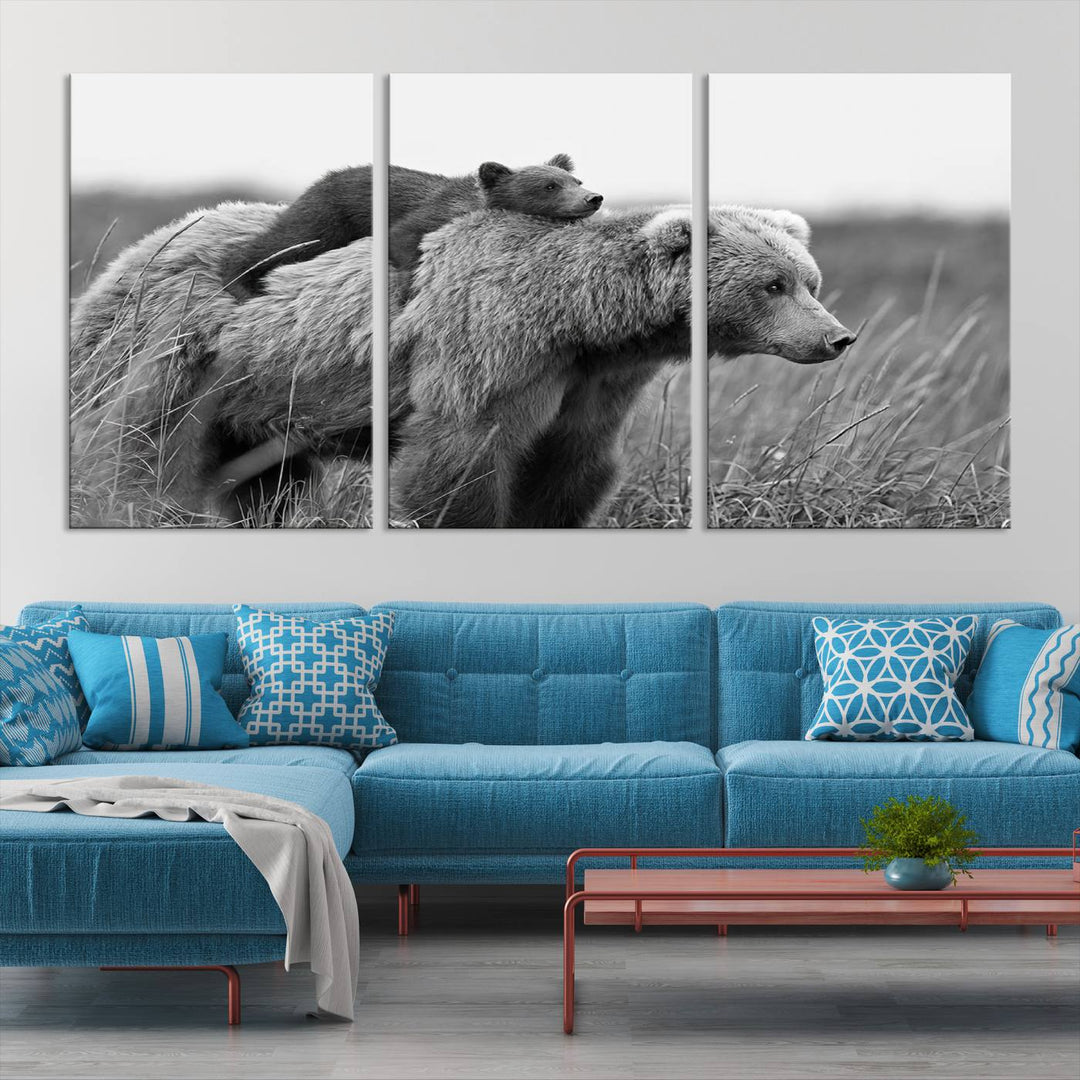 Baby Bear and Mom Bear Family Black & White Canvas Print Wall Art Canvas