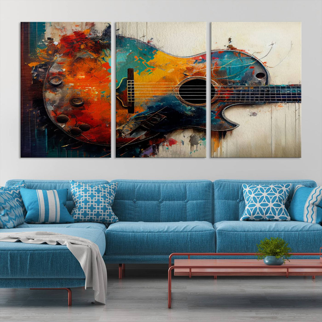 Abstract Guitar Wall Art Canvas | Vibrant Music-Inspired Art for Living Room or Studio | Colorful Music Decor Canvas Print