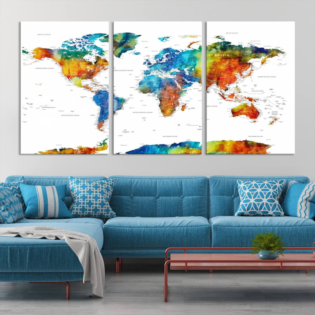 Mixcolor World Map Wall Art Canvas Print, showcasing vibrant colors and a gallery-quality finish.