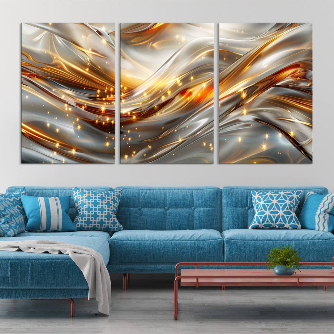 The Elegant Modern Gold Abstract Wall Art - Premium Framed Canvas Print for Home & Office Decor showcases a captivating triptych with swirling metallic designs and golden sparkles, perfectly enhancing contemporary interiors.