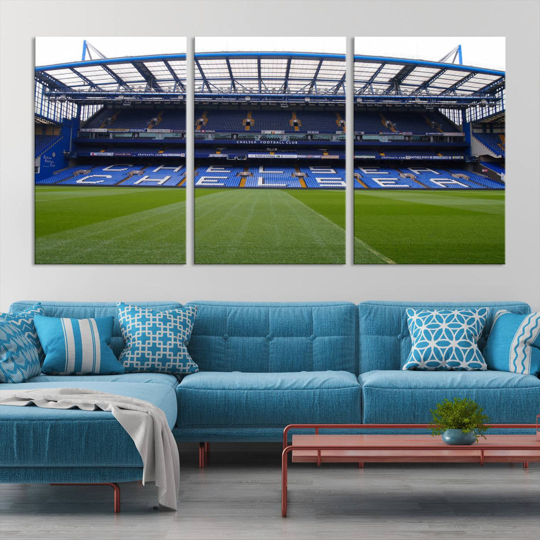 The Chelsea FC Soccer Team Print - Stamford Bridge Stadium Wall Art Canvas Print hangs elegantly, bringing the thrill of the game into your living room.