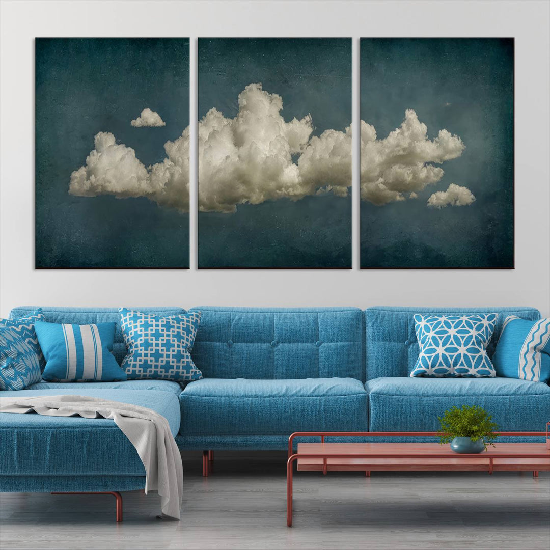 The Vintage Green Clouds Wall Art Canvas Print, set against a teal backdrop, showcases breathtaking canvas artwork with a gallery-quality finish.