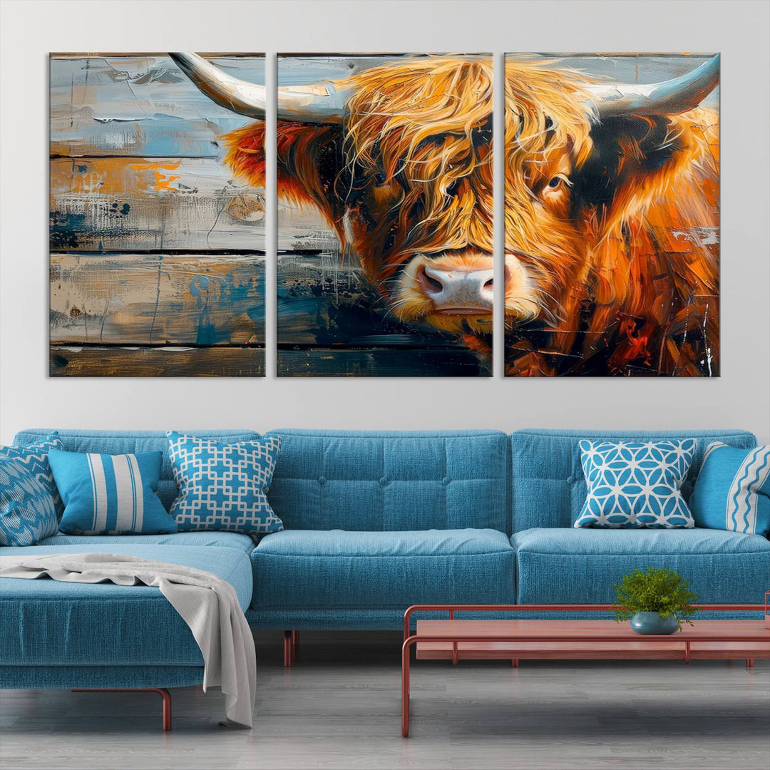 The Highland Cow Abstract Canvas Wall Art, a bold piece of farmhouse rustic decor, adds charm to the modern living room.