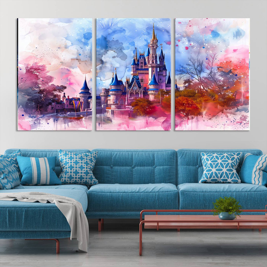 The Disney Wall Art: Dreamy Watercolor Cinderella Castle Canvas Print features a fairy-tale castle with vibrant pink, blue, and purple hues. Expertly handmade in the USA, this premium canvas wall art adds a touch of enchantment to any room.