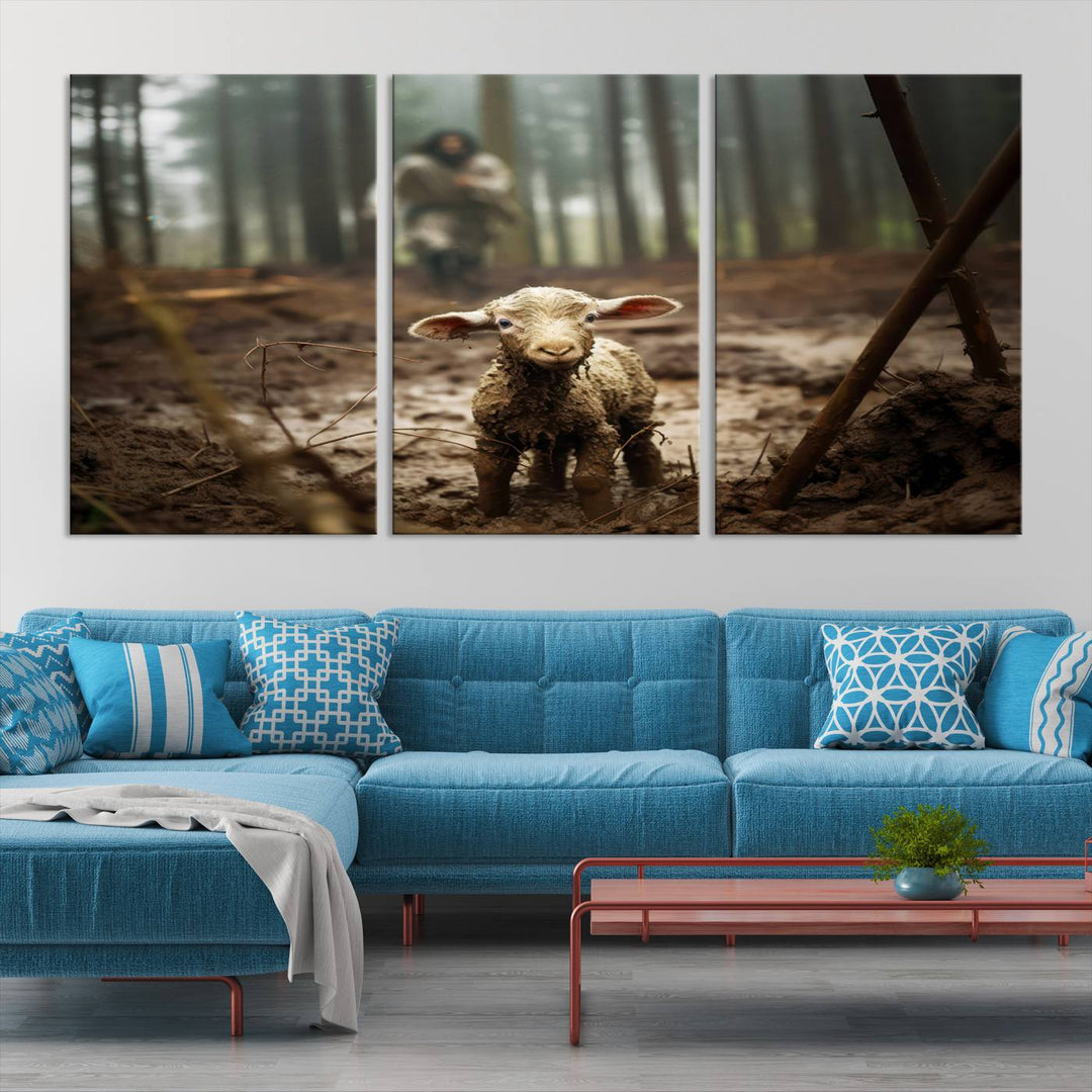 Jesus Running After a Lost Lamb Canvas Wall Art Print