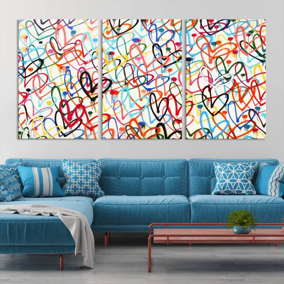 The "Colorful Love Canvas print," featuring vibrant abstract street art with overlapping loops, is handmade in the USA.