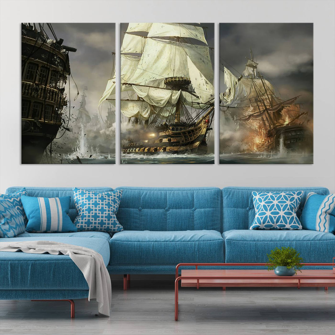 The Pirate Ship War Wall Art Canvas Print, featuring a stunning three-panel depiction of an intense sea battle with tall ships, boasts a gallery-quality finish that adds an elegant touch to its display.