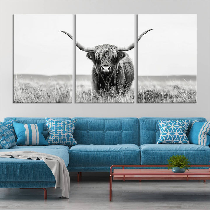 The living room is enhanced by a stunning three-panel Longhorn Wall Art Canvas Print. This museum-quality piece of Texas Longhorn Art comes on a gallery-wrapped canvas with a UV-protective coating to keep it vibrant under everyday light exposure.