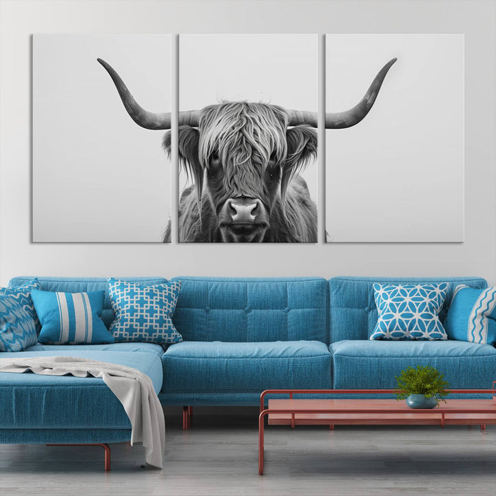 A triptych titled "Farmhouse Longhorn Wall Art Canvas Print, Longhorn Texas Wall Art Canvas Print," rendered in a gallery-quality finish, hangs prominently on the wall.