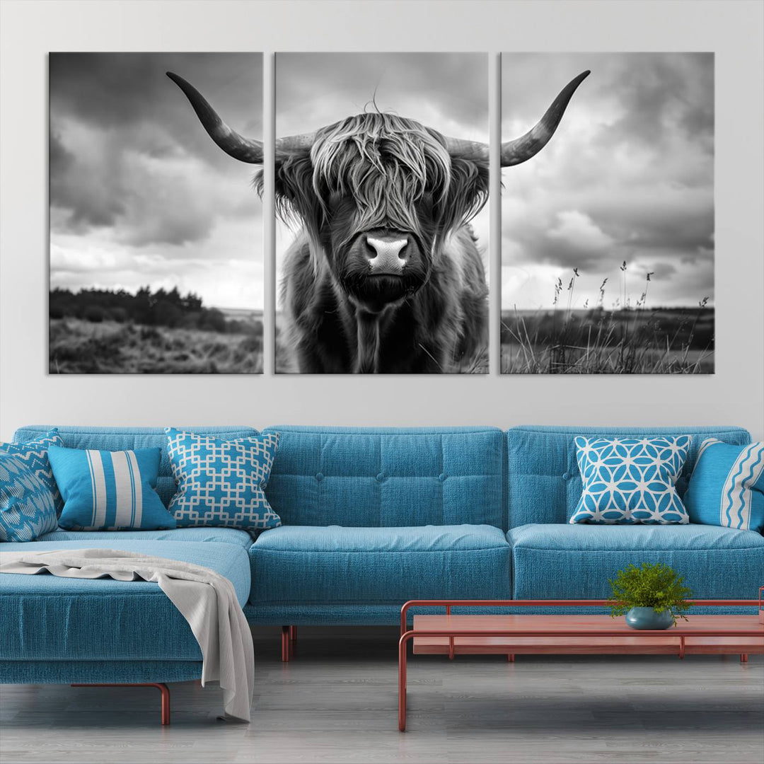 A stunning gallery-quality piece, the "Scottish Cow Wall Art Canvas Print | Longhorn Wall Art | Bighorn Animal Wall Art," depicts a Highland cow with long horns and shaggy fur. This captivating wall art elegantly enhances the space.