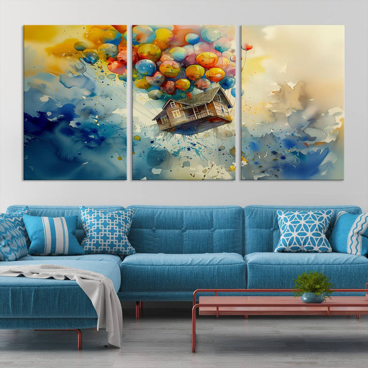 The Cartoon Movie Wall Art Canvas Print, featuring a vibrant house lifted by balloons and split across three panels, serves as captivating wall art. Handmade in the USA, it adds charm and whimsy to any space.