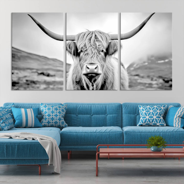 A "Scottish Cow Wall Art Canvas Print" with a gallery-quality finish hangs prominently.