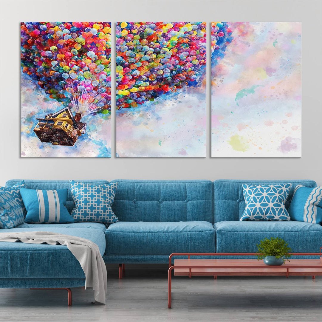 The "Watercolor Cartoon Movie Balloons Canvas Print" is showcased, depicting a whimsical house being lifted by colorful balloons. This triptych wall art is crafted on museum-quality canvases with a UV-protective coating to maintain its vibrant colors, making it ready to hang in any room.