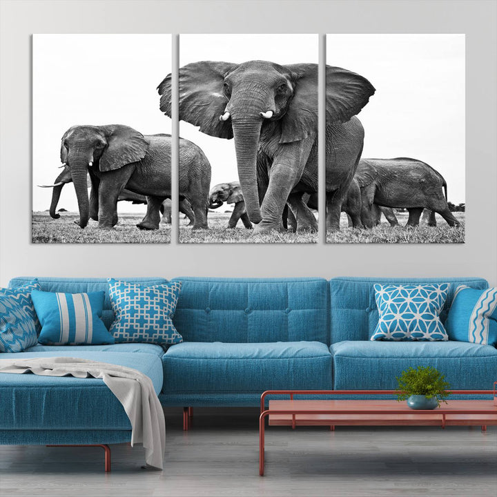 The Black White Elephant Family Wall Art Canvas Print features a triptych of elephants walking in the wild, crafted as gallery-quality wall art on premium canvas.