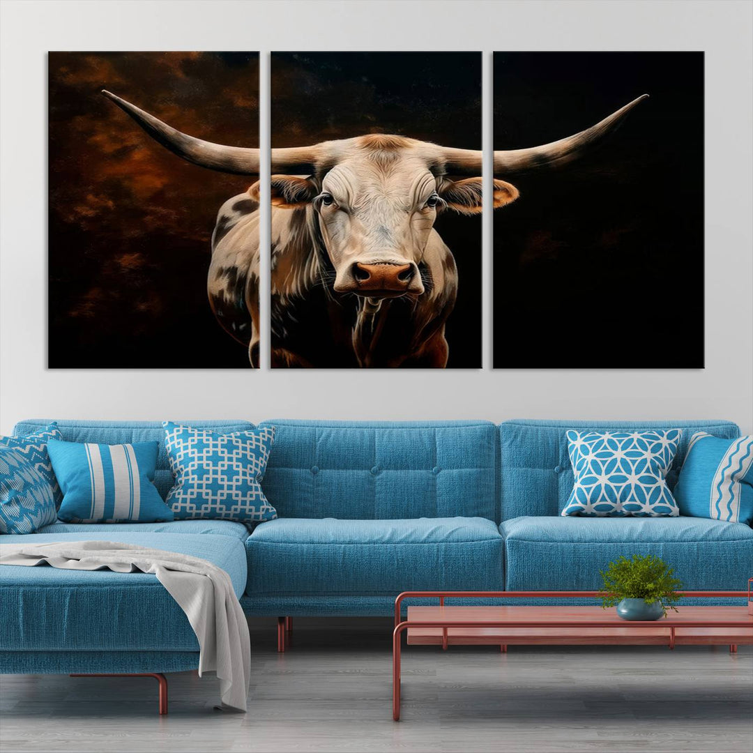 The Texas Longhorn Wall Art, a 3-panel large canvas print, infuses the room with a dash of cowboy charm.