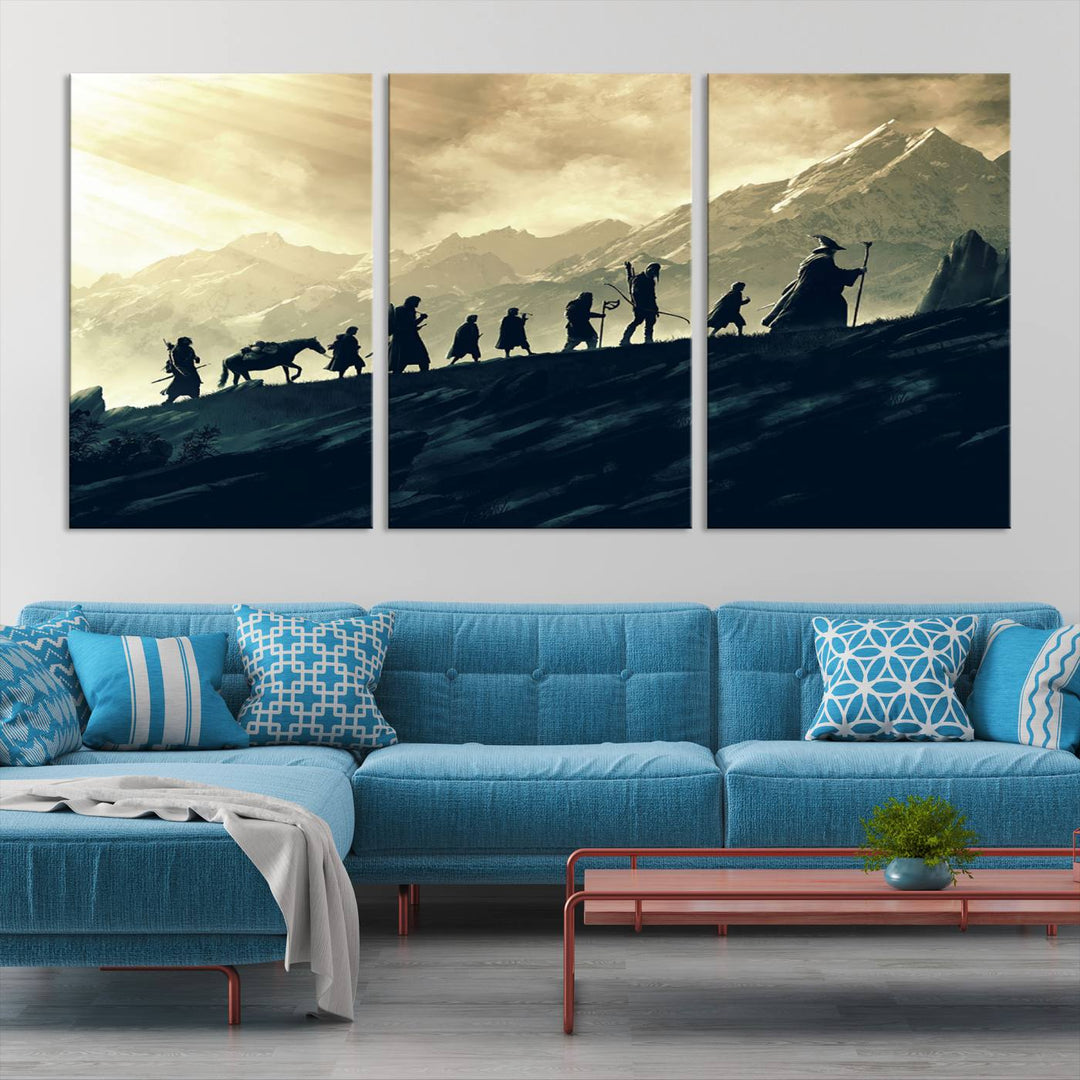 A canvas print titled "Lord of the Rings Silhouette Wall Art Capturing the Epic Quest Through Middle-Earth - The Fellowship's Journey" is displayed.