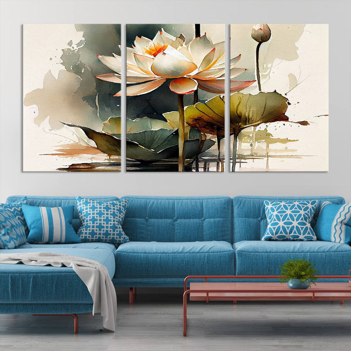 The Lotus Flower Watercolor Canvas Print, a contemporary wall art piece symbolizing serenity and growth with its soft watercolors, adorns the wall.