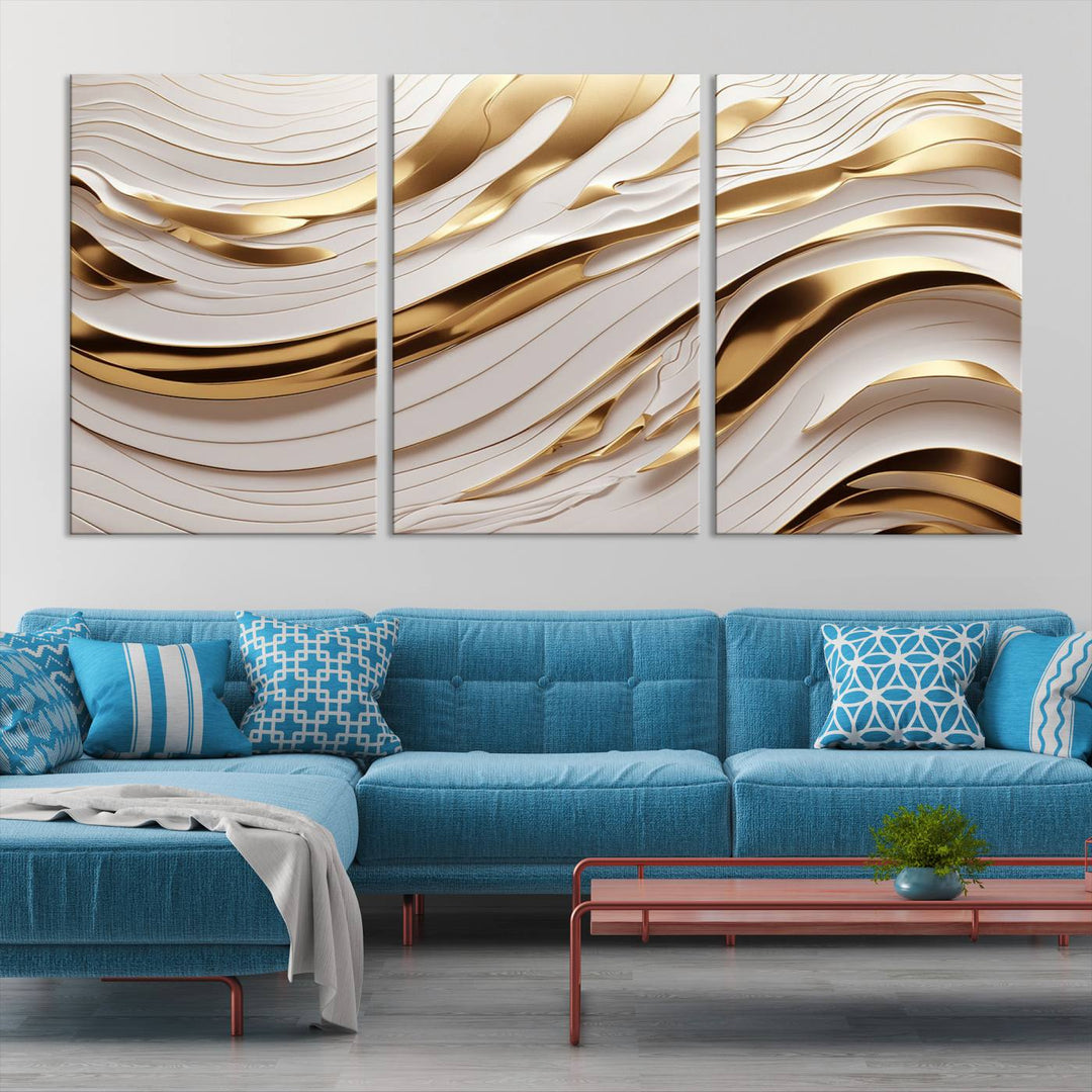 The "Gold and White Abstract Wave Canvas – Elegant Flowing Design with Luxurious Golden Accents" beautifully enhances the area and creates a stunning focal point in the room.