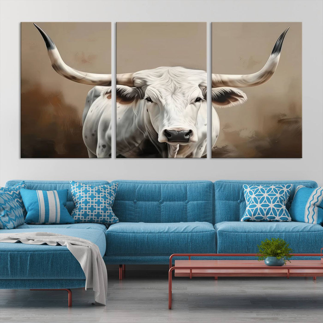 Texas Longhorn Canvas Wall Art features a triptych design on premium canvas with a gallery-quality finish.