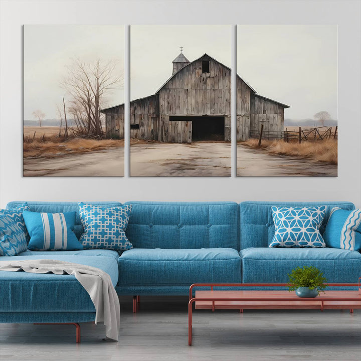 A framed and ready-to-hang Farmhouse Rustic Barn Wall Art Canvas Print is displayed against a gray wall. This stylish modern living room seamlessly combines rural life wall décor with contemporary comfort.