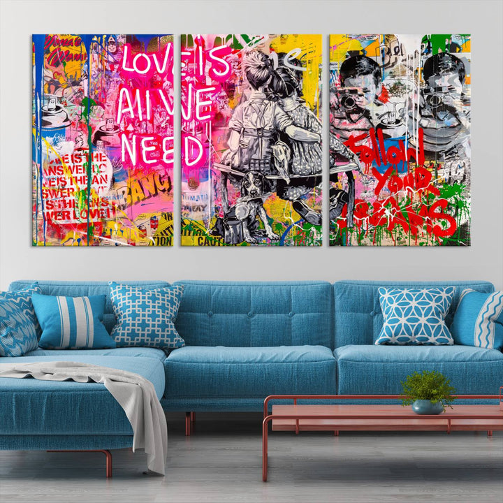 A vivid display of the "Follow Your Dreams & Love is All We Need" graffiti street art energizes a modern room with its three-panel arrangement. This bold giclee canvas print infuses any contemporary space with dynamic flair.