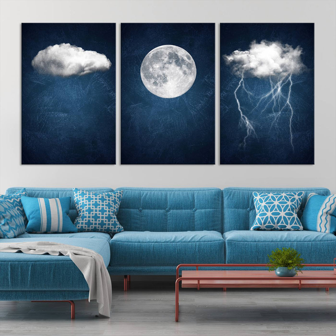 Dark Blue Cloud Art, 3 Piece Indigo Blue Wall Art, Aesthetic Surreal Art, Thunderstorm Moon Cloud Artworks 