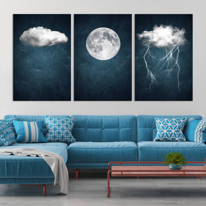 The "3 Piece Indigo Cloud Wall Art, Thunderstorm Moon Cloud Artworks" on museum-quality canvas with UV-protective coating is prominently displayed.