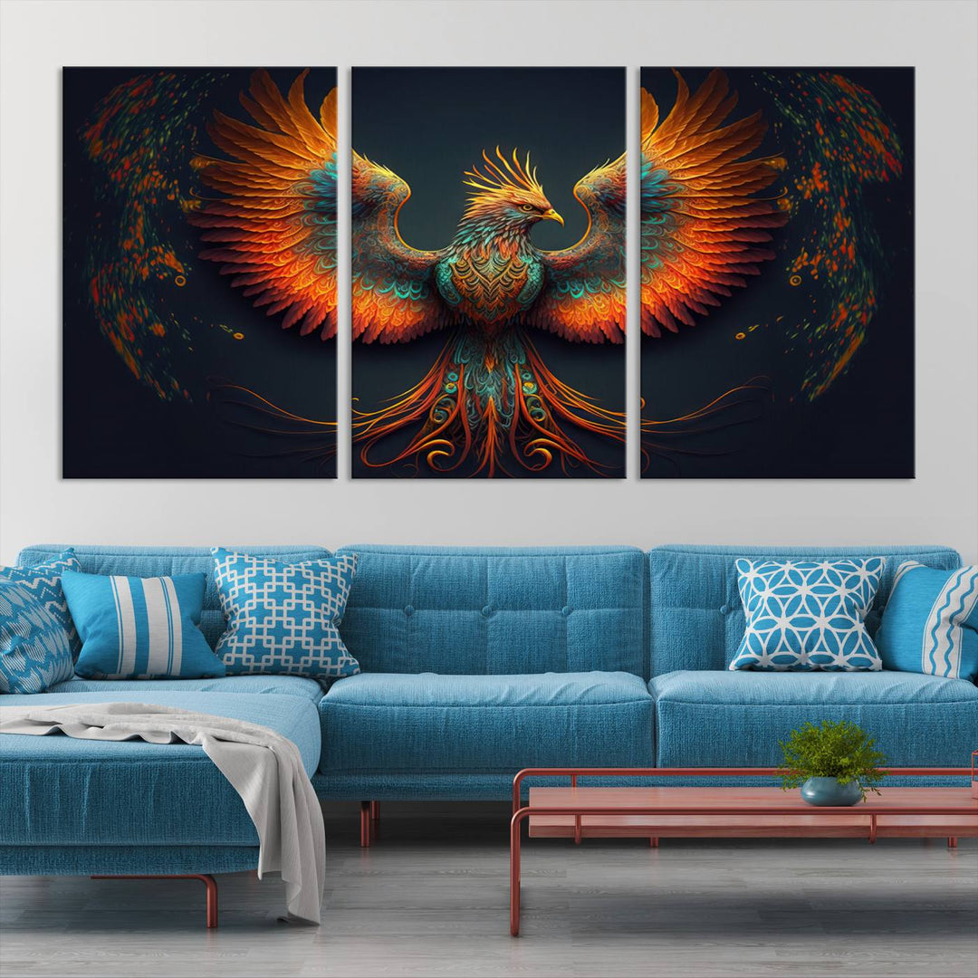 The Majestic Phoenix Wall Art Canvas Set, a fiery symbol of rebirth and strength, graces the wall.