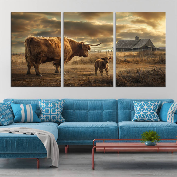 The living room features the "Highland Cow Canvas Wall Art Animal Print Pictures Fluffy Cattle Art," which captures a cow and calf in a rural sunset scene, adding gallery-quality charm.