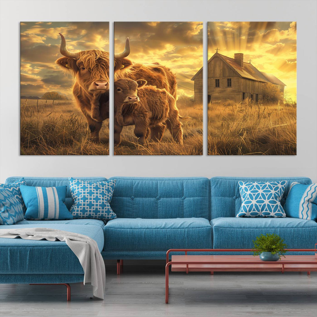 The room features the Barn and Highland Cow Canvas Wall Art Animal Print, a three-panel canvas depicting cows in a sunset field with a rustic barn backdrop. This handmade piece brings charm and character with its gallery-quality finish.