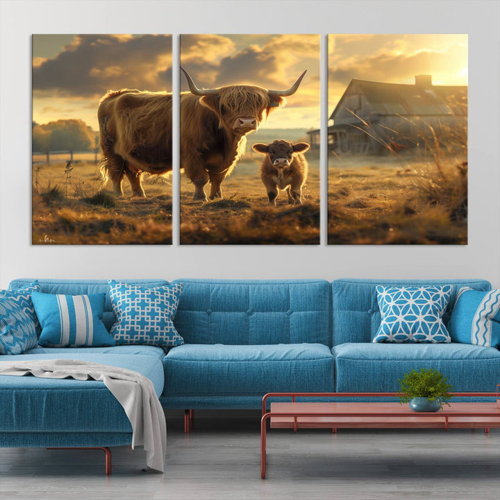 The "Highland Baby Cow Canvas Wall Art Animal Print" triptych art piece showcases a cow and calf in a sunlit field with a barn in the background.