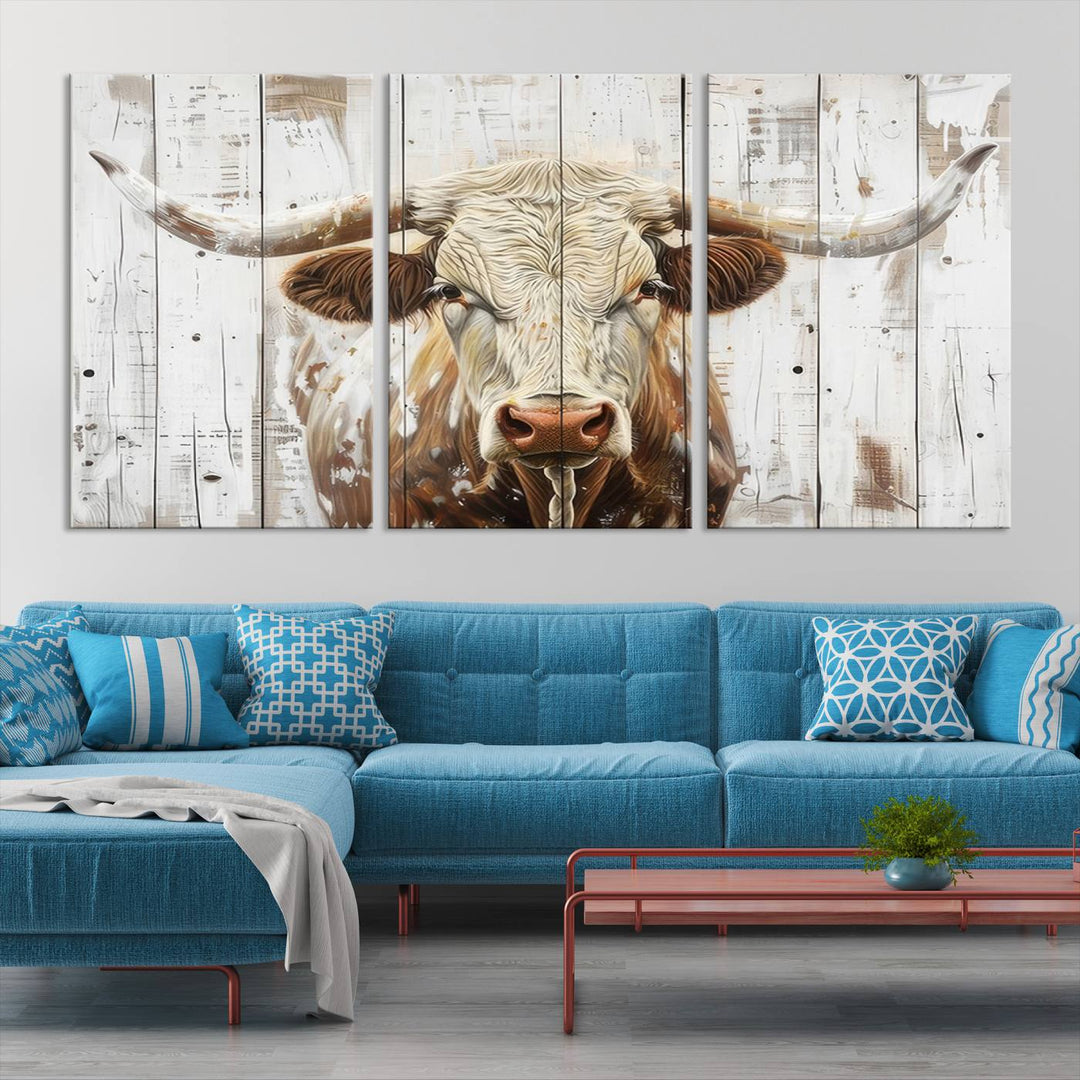 The dimly lit room is enhanced with Western charm by the Rustic Longhorn Bull Wall Art Canvas Set—Western-Inspired Farmhouse Décor, elegantly displayed on the wall.