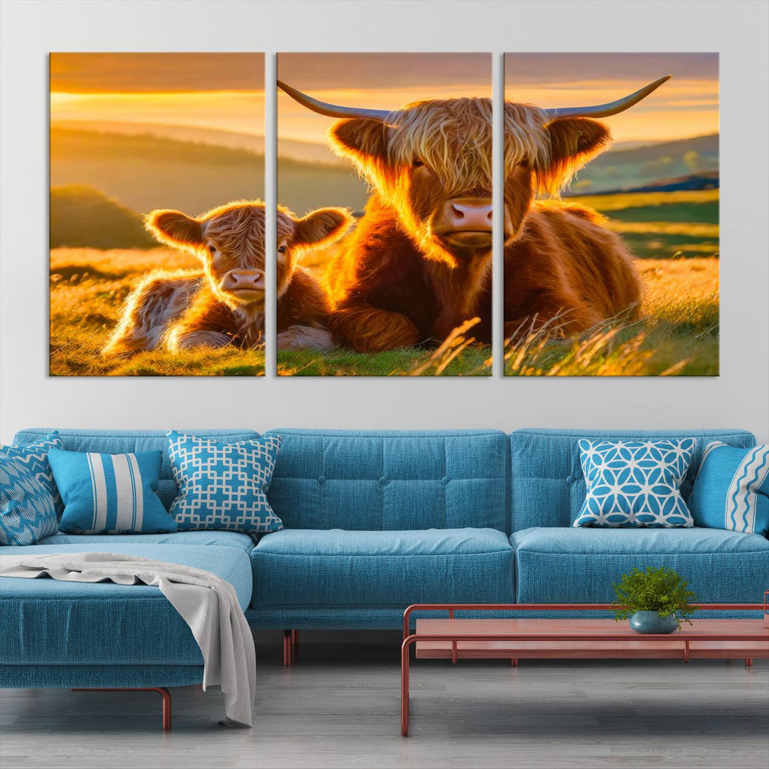 The living room showcases a gallery-quality finish with the Scottish Cow and Baby Cow Canvas Wall Art, featuring a charming animal print of fluffy cattle as the centerpiece. This stunning piece is displayed on premium canvas, creating an inviting atmosphere.