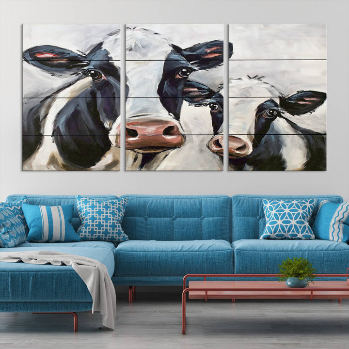 The Vintage Baby and Mom Cattle Wall Art Canvas Print is prominently displayed, adding a touch of contemporary and farmhouse decor to the modern living room.