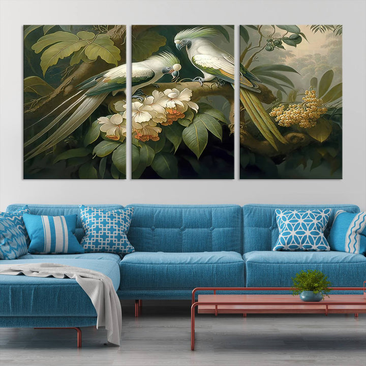 Crafted in the USA, this Tropical Paradise Print wall art features a stunning parrot amidst a lush forest and beautiful flowers.