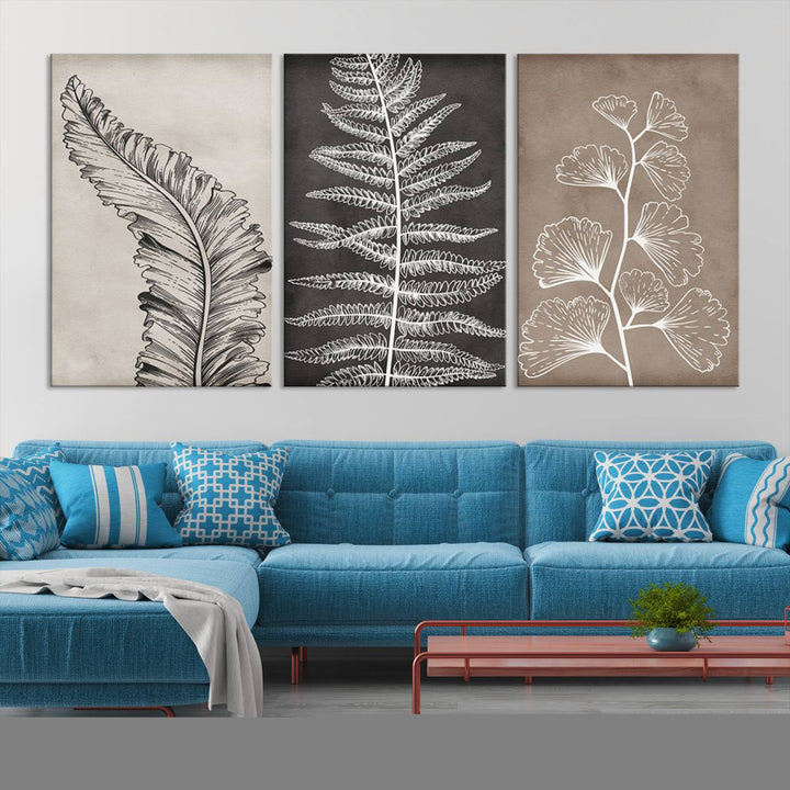 Botanical Leaf Art Collection - 3-Panel Wall Art Canvas Print, Framed and Ready to Hang - Nature-Inspired Home Decor 