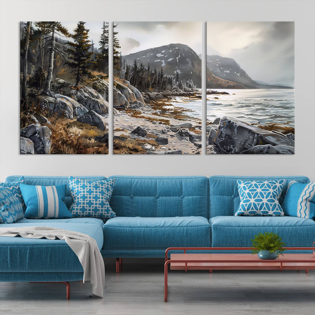 The stunning Serene Coastal View of Acadia National Park is a 3-panel wall art canvas print that beautifully captures a tranquil mountain and lake scene.