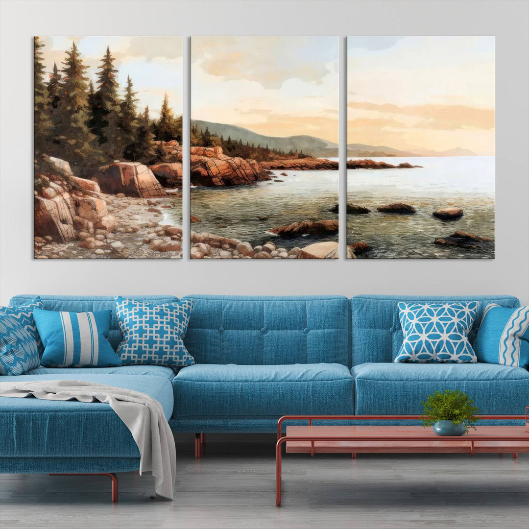 Serene Coastal View of Acadia National Park - Stunning 3-Panel Wall Art Canvas Print, Framed, Ready to Hang